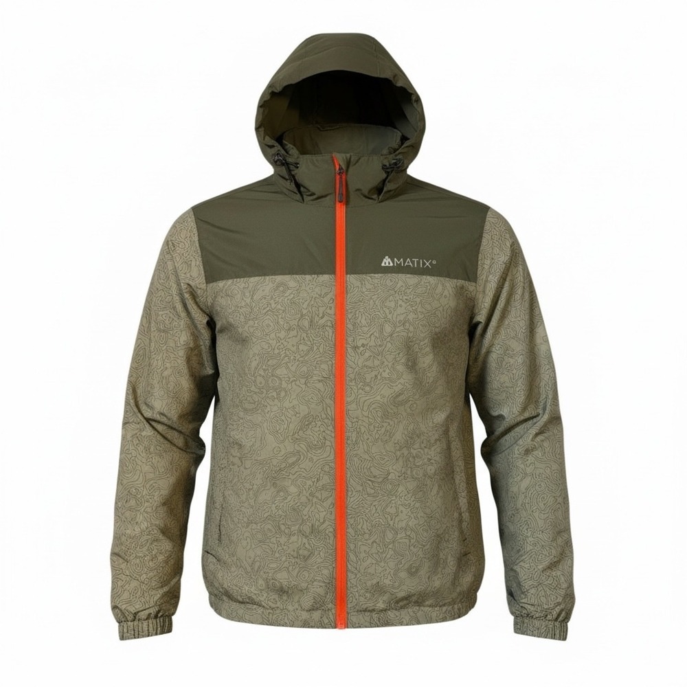 Matix Mens XL Topographic Map Print Windbreaker Jacket Green Orange Gorpcore Zip